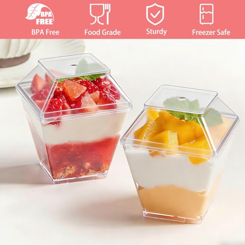 50 Pack 3.5 oz Mini Dessert Cups with Lids and Spoons - Parfait Cups with Lids Plastic Square Shooter Cups for Party Appetizers Pudding Mousse Triffle