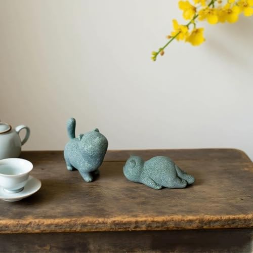 livelyfish Cute Cat Figurine Lucky Cat Statue Sandstone Animal Sculpture Tea Pet Tabletop Ornaments Micro Landscape Fairy Garden Aquarium Decor (B) - color: B
