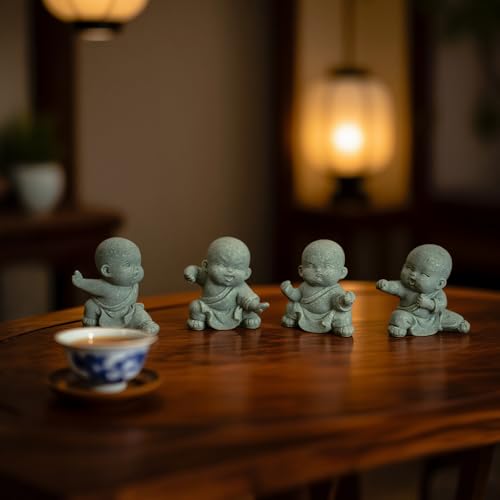 4pcs Mini Buddha Statue, Small Aquarium Decoration, Feng Shui Zen Monk Sandstone Sculpture, Cute Fish Tank Ornament for Home Garden