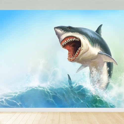 10x8ft Fabric Shark Theme Backdrop Blue Ocean Emerging White Shark Animal Photography Background Aquarium Kids Party Decorations Photo Banner Photo Shoot Props - size: 10x8 FT