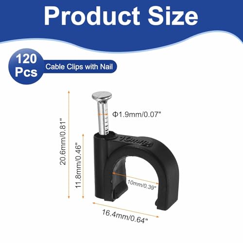 HARFINGTON 120pcs Cable Clips with Nail 10mm ID Circular Single Half Clamp J-Hook with Nail Cord Clips for Wires on Wall for Ethernet Tacks Coax Pex Tubing Pipe Support, Black