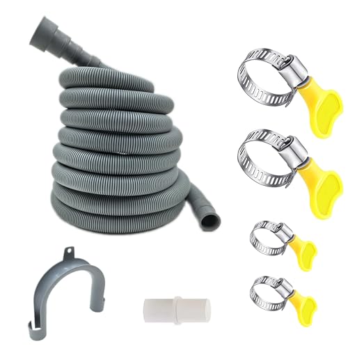 HLMOptimo 23 Feet Universal Washing Machine Drain Hose Flexible Dishwasher Drain Hose Extension Kits Corrugated Washer Hose w/ 1 Adapter 4 Clamps 1 U-Bend Holder - size: 23 feet