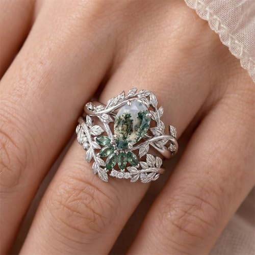 Natural Moss Agate Engagement Ring Set for Women, Unique Genuine Moss Agate Ring, 925 Sterling Silver 10K 14K 18K Solid Gold Nature Inspired Bridal Set, Boho Wedding Jewelry Gift - color: Two