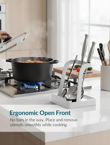 NiHome Big Pot Lid Holder and Spoon Rest with Removable Drip Tray – Black Iron Kitchen Counter Organizer for Cooking Utensils, Ladles, Spatulas, Cutting Boards & Cookware - color: Large White, size: no diatomite