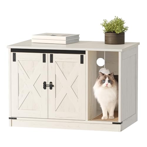 Hzuaneri Cat Litter Box Enclosure, Hidden Litter Box Cabinet Furniture with Bell, Indoor Cats House, Farmhouse Style, 31.5 x 19.7 x 20.9Inches, for Hallway, Bedroom, White CB82414B - color: White, size: 31.5"L x 19.7"W x 20.9"H