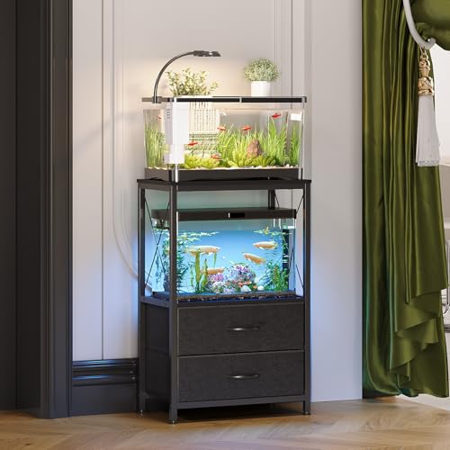 Aquarium Stand 10 Gallon with 2-Tier Shelf, Fish Tanks Stand with 2 Drawers, Metal Frame Heavy Duty Reptile/Turtle Tank Stand for Home Office, Fish Tanks Accessories Storage, Black - color: Black