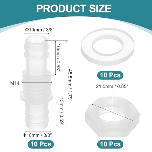 uxcell 10Pcs Plastic Hose Barb Fitting, 3/8" x 3/8" Bulkhead Adapter Union Splicer Mender Pipe Connector with M14 Nut and Washer for Aquarium Air Water Fuel - size: 3/8" x 3/8", M14 Nut