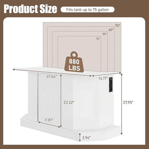JIJIWANG 55-75 Gallon Fish Tank Stand with 4AC 2USB Outlet, Heavy Duty Aquarium Cabinet, 880LBS Capacity for Turtle Tank Reptile Terrarium, White - color: White, size: 47.64"L x 14.17"W x 28.7"H