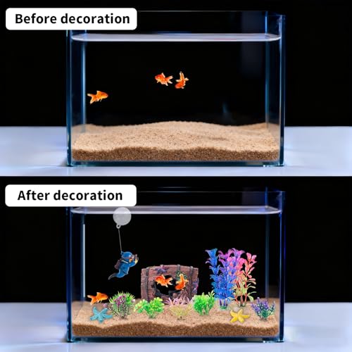 12 PCS Aquarium Decoration Broken Barrel Set, Plastic Aquarium Plants, Resin Floating Diver Fish Tank Decorations & Resin Starfish, Small Fish Tank Ornaments for Pet Fish to Hideout and Rest