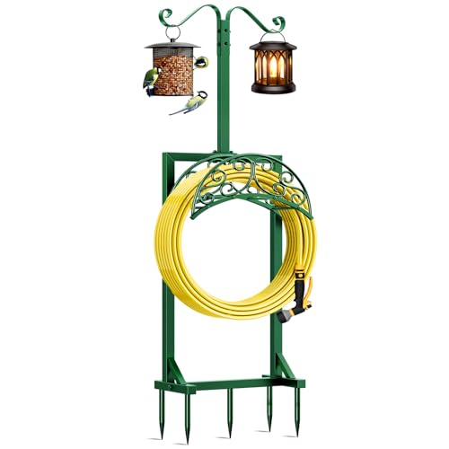 Garden Hose Holder - Upgraded Water Hose Holders for Outside with 5 Spikes & 2 Shepherds Hooks, Freestanding Hose Stand Hose Hanger Hose Storage Hose Reel Rack for Yard Lawn(Green) - color: Green