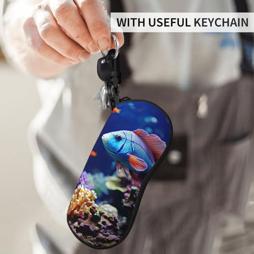 Coral Reef Fish Aquarium Glasses Case with Carabiner Ultra Light Neoprene Zipper Eyeglass Case Portable Sunglasses Soft Case