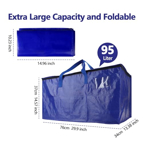 8 Pack Real 100lb Capacity Heavy Duty Moving Bags with Strong Zippers and Reinforced Handles, Extra Large Storage Totes for Packing & Moving Storing, Space Saving Alternative to Moving Boxes-95L,Blue - color: Blue, size: 8 Pack-1
