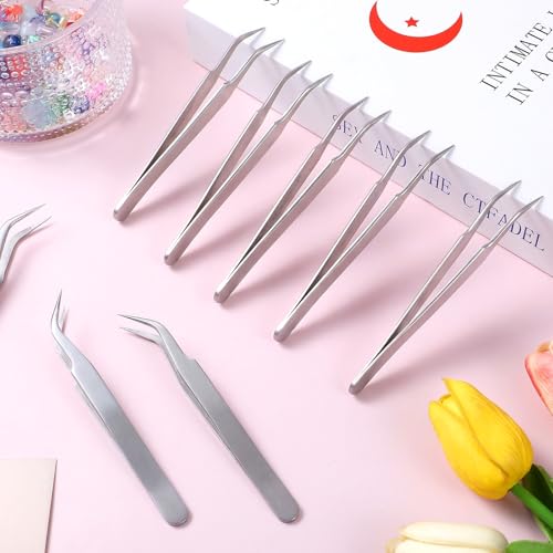 10 Pieces Tweezers for Crafting, Stainless Steel Curved Pointed Tweezers Precision Tweezer with Protective Cover for Eyelash Extensions Stickers Rhinestones Crafts (Silver) - color: Silver