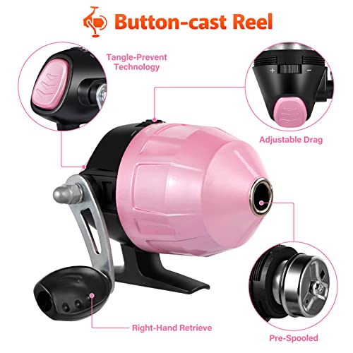 PLUSINNO Kids Fishing Pole with Spincast Reel Telescopic Fishing Rod Combo Full Kits for Boys, Girls, and Adults - color: Pink, size: 4FT / 1.2M