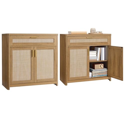 VASAGLE ELLAN Collection - Boho Buffet Cabinets with Rattan-Look Doors, Sideboard Storage Cabinet, Rounded Corners, Adjustable Shelf, Drawer, for Dining Room, Set of 2, Natural Brown UBBK601KC01-2J - color: Natural Brown (With Drawer), size: 2 Pcs