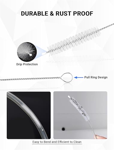 SARDVISA Flexible Long Drain Brush Tool with Large Double Elastic Nylon Ends, Stainless Steel Tube Cleaner Brush for Kitchen, Sink, Drain Pipe, and Long Pipe Cleaning, 2 Straw Cleaning Brushes