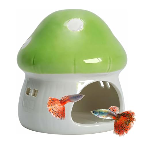 Saim Ceramics Mushroom House Aquarium Decor, Betta Fish Tank Accessories Landscape Decoration, Small Shrimp Goldfishes Habitat Hut Pleco Smalland Breeding Hide Caves Toad House - Green - color: Green