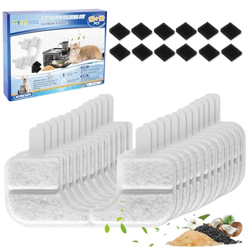 12+12 Pack Cat Water Fountain Filters Compatible with Qinliy Cat Fountain Dog Water Dispenser 123oz/3.5L, Replacement Filters for Cats Fountain & Sponges, Q108 Filter - color: White 12+12 Pack