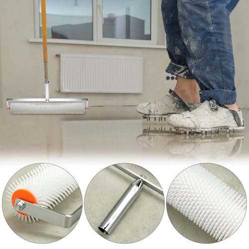 QWORK Self-Leveling Cement Tool Kit, 9" & 20" Spike Rollers with Scraper and Spiked Shoes for Cement, Mortar & Floor Leveling