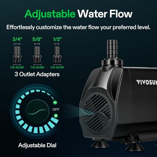 VIVOSUN 1050 GPH 100W Submersible Water Pump, Quiet Fountain Pump With 13.1 ft Head Lift, 6.6 ft Power Cord, 3 Nozzles, Tubing, & 2 Clamps, For Fish Tank, Pond, Aquarium, Hydroponics - size: 1050 GPH With Tubing