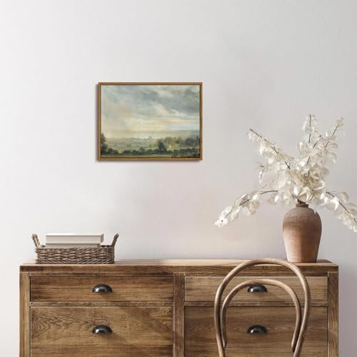OIQArtOIQ Vintage Framed Wall Art Pastoral Landscape Canvas Art Prints Rustic Farmhouse Pictures Wall Decor Modern Cottagecore Paintings Artwork For Bedroom Kitchen Bathroom Office Living Room - color: Cloudy Sky, size: 12x16 in