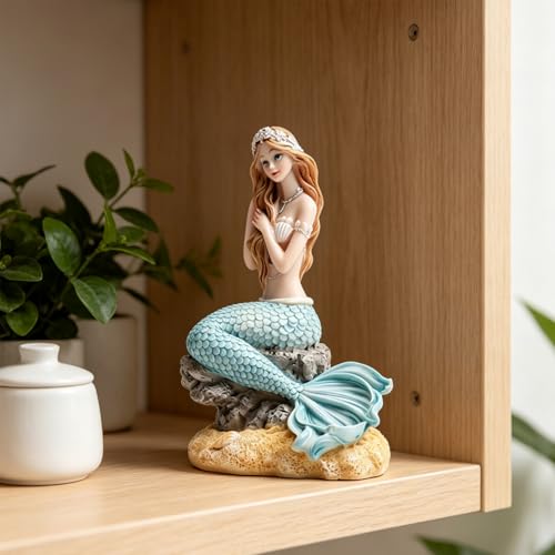 Rayberro 5.71" Mermaid Figurine Resin Mermaid Sculpture Mediterranean Princess Statue Home Office Desktop Ornaments Bookshelf Decor Mermaid Collectible Crafts Fish Tank Aquarium Decoration - color: Blue Sitting1