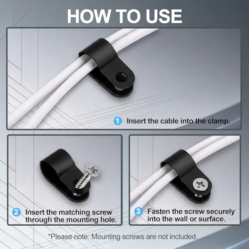 BAOMAIN 1/2-Inch R-Type Cable Clamps, 100-Pack Black Nylon Wire Management Clips, UC-3 Screw-On Cord Fasteners for Home, Office, and Industrial Use
