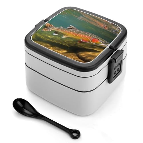 Brook Trout Fly Fishing Stackable Bento Box with Spoon - Leak Proof Lunch Container, Insulated Food Storage Boxes/Invisible Handle for Office, Travel & Picnic