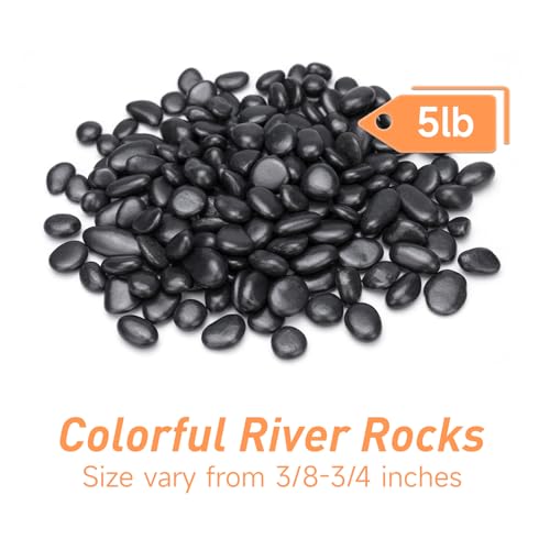 Pulovin 5 lbs Black Pebbles for Indoor Plants, Succulent, Bamboo, Vase, 3/8" Plant Rocks for Pots Indoor, Small River Rocks Decorative Pea Gravel, Highly Polished - color: Black