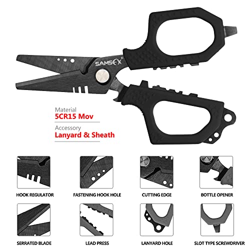 SAMSFX 6.5in Fishing Scissors with Non-Slip Grip Handles and Micro Serrated Edges, Multi-Function Shears with Nylon Sheath