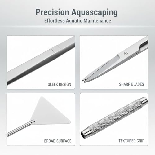 Stainless Steel Tools Kit, 6 Pcs Aquarium Plant Tools Set with Algae Scraper, 15 in Tweezers, 11.8 in Scissors, 12.6 in Sand Spatula, Includes Acrylic Holder, Silver