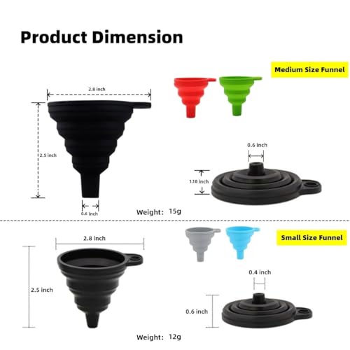 Silicone Collapsible Funnel for Kitchen Use,4Pack - Small and Middle, Food Grade Foldable funnel Kit for Filling Bottles, Liquid Transfer, Oil Change, Cooking, Water, Powder, Juice & Drink, Multicolor - color: 4Pack, Random Colors, Medium*2+Small*2