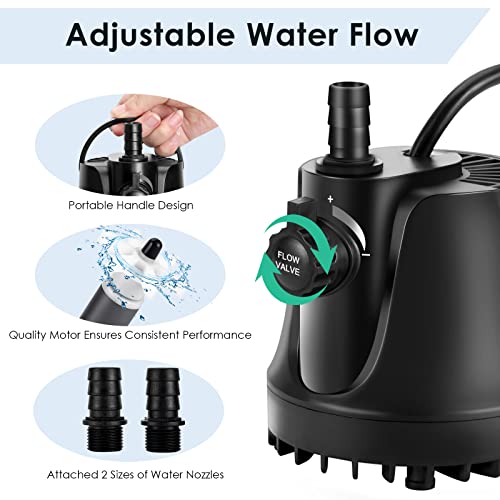 AQQA 265-800 GPH Submersible Aquarium Water Pump with Adjustable Switch, Water Removal and Drainage Sump Cleaning Pump with 2 Nozzles for Aquarium, Pond, Fish Tank, Hydroponics, Backyard (45W 660GPH) - size: 45W 660GPH