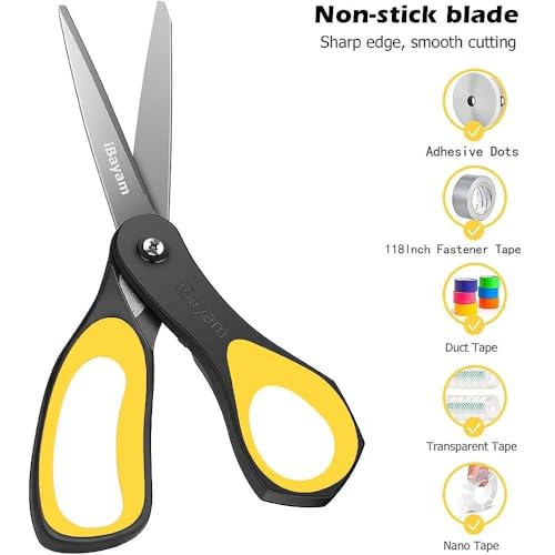 Scissors, iBayam 3 Pack 8" All Purpose Nonstick Scissors, 2.5MM Thickness Titanium Blades with Comfort Grip, Heavy Duty Shears for Office School Home Classroom General Use Art and Craft DIY Supplies - color: Yellow, Blue, Red, size: 3-Pack