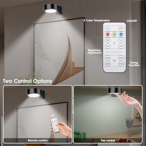 Picture Lights for Wall, 3 Lighting Modes Magnetic Art Display Light,Rechargeable Battery Operated Led Painting Light with Remote Control Dimmable & Timer,6Pack Black - color: Black, size: 6 Pack
