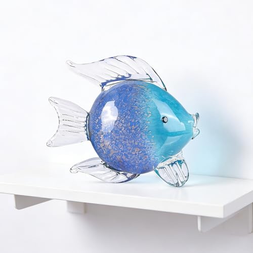 Blue Glass Fish Art Decoration Hand Blown Glass Fish Figurine, Art Paperweight Collection, Modern Office Luxury Decorations(WA-7)