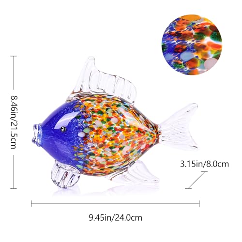 Large Hand Blown Glass Fish Figurines, Aquarium Sea Glass Art, Blue Orange Fish Statue Sculpture Modern Coastal Accent - for Beach Knick Knacks, Coffee Tables, Nautical Offices Centerpiece - color: Blue Orange