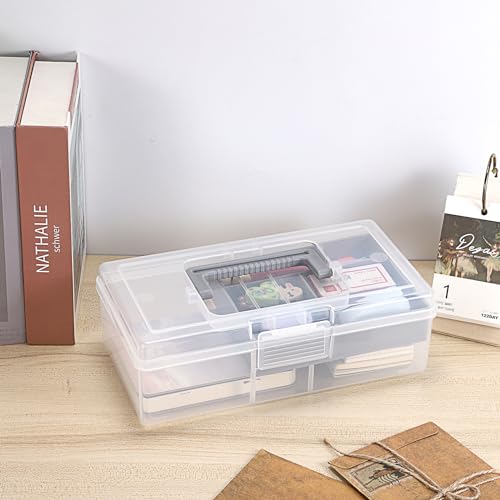 JUXYES Plastic Carry Storage Box with Removable Dividers, Clear Art Craft Supply Storage Bin Sewing Box With Handle Lid, 2 Layers Stationery Storage Case for School/Office Supplies - color: Gray