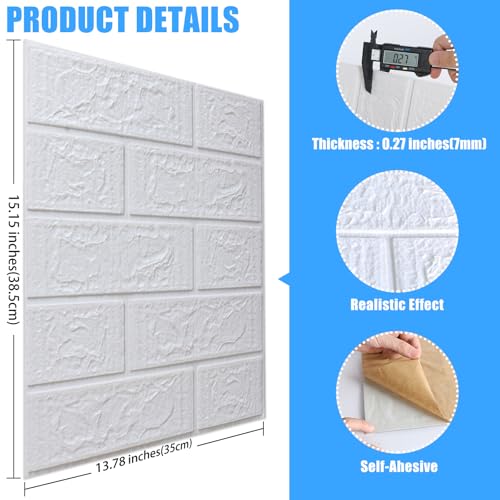 30 Pack 3D Wall Panels Peel and Stick, Waterproof Foam Stone 3D Wallpaper, Self Adhesive Foam Wallpaper for Bedroom Bathroom Kitchen (13.7 * 15.1in) - color: White, size: 30 PACK