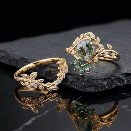 Natural Moss Agate Engagement Ring Set for Women, Unique Genuine Moss Agate Ring, 925 Sterling Silver 10K 14K 18K Solid Gold Nature Inspired Bridal Set, Boho Wedding Jewelry Gift - color: Two