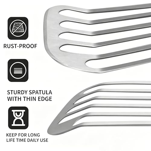 KSENDALO Thin Flexible & Sturdy Fish Spatula Stainless Steel for Kitchen Cooking Use Fish Spatula Egg Flipper Bbq Flipper Stainless Steel Blade Silicone Handle Heat Resistant Dishwasher Safe-Silver