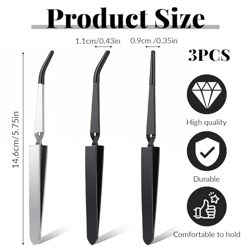 3 Pack Reverse Tweezers, ESD Safe Stainless Steel with Rubber Tips | cross-locking mechanism, straight & bent tip set, non-slip rubber tips, ideal for electronics repair, jewelry making, crafts