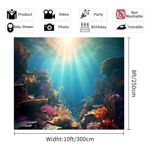 Underwater Sunlight Backdrop 10x8ft Tropical Fish Coral Photography Backdrop Blue Ocean Themed Background for Baby Shower Kids Birthday Party Decoration Portrait Photoshoots - color: Ocean-4