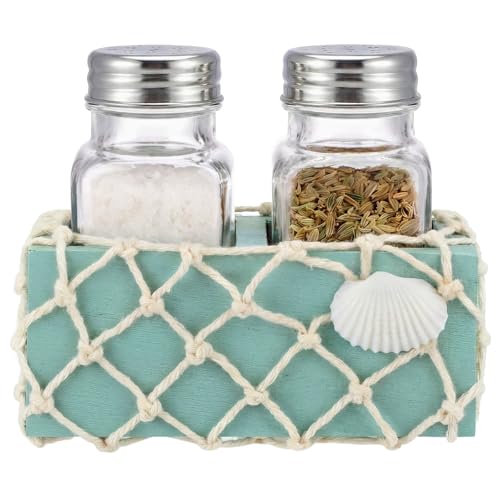 Beach Salt Pepper Shakers Set with Wooden Blue Holder Seashell Fishing Net Salt and Pepper Shakers Holder Beach House Gift Coastal Ocean Decor for Kitchen 3.38oz