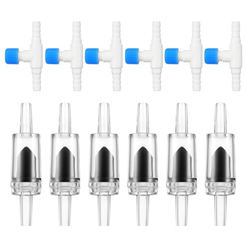 Psyqtsuary 12 Pcs Check Valve Aquarium Air Pump Accessories, 6 Check Valves+6 T Shaped Air Valves Non-Return Control Valve for 3/16" Aquarium Tubing (Black)