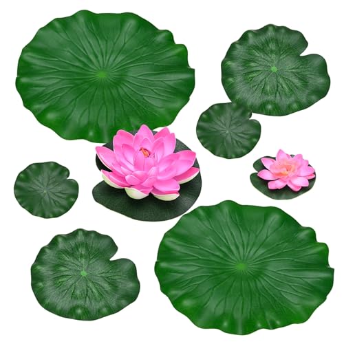 M METERXITY 1-Set Artificial Floating Foam Lotus Flower with Water Lily Pad, 4/7/11 Inch Fake Lotus Flowers Water Lilies for Pool/Fountain/Garden Decor, Pond Plants Ornaments [Pink] - color: Pink, size: 6.7/3.9 Inch