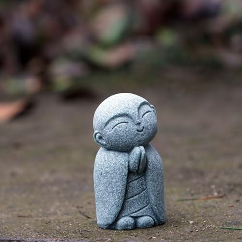 OwMell Japanese Jizo Monk Statue, Buddha Jizo Figurine Memorial Aquarium Statue Ornament - Tilt Smile - color: Tilt Smile Stone