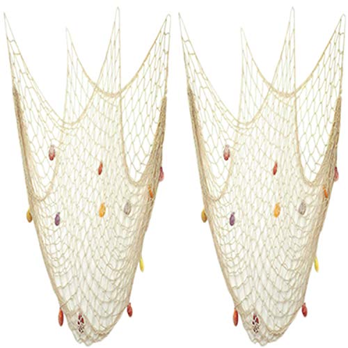 Nature Fish Net Wall Decoration with Shells, Ocean Themed Wall Hangings Fishing Net Party Decor for Pirate Party,Wedding,Photographing Decoration (Fishnet-2pack-Beige) - color: 2pack-beige&beige
