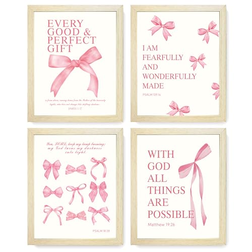 LARTSFRO Coquette Pink Bow Wall Art Decor Posters, Pink Bow Room Bedroom Bathroom Dorm Wall Art Decor Aesthetic for College Teen Girls Gifts, Inspirational Bible Verses Bow Wall Decor, 10x8 Inch Set of 4 Pcs Bow Pictures (WOOD-GRAIN FRAMED) - color: Wood