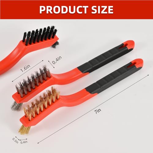3pcs Wire Brushes for Cleaning Rust, Upgrade Wire Brush Set - Brass/Stainless Steel/Nylon Bristles, Small Metal Wire Brush with Curved Handle Grip, Wire Brushes for Paint and Stain, 7 Inches (3pcs) - style: 3pcs